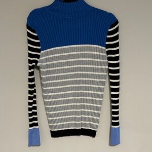 LOFT Ribbed Mock Neck Top, Blue/Black/Grey, Size Large/L